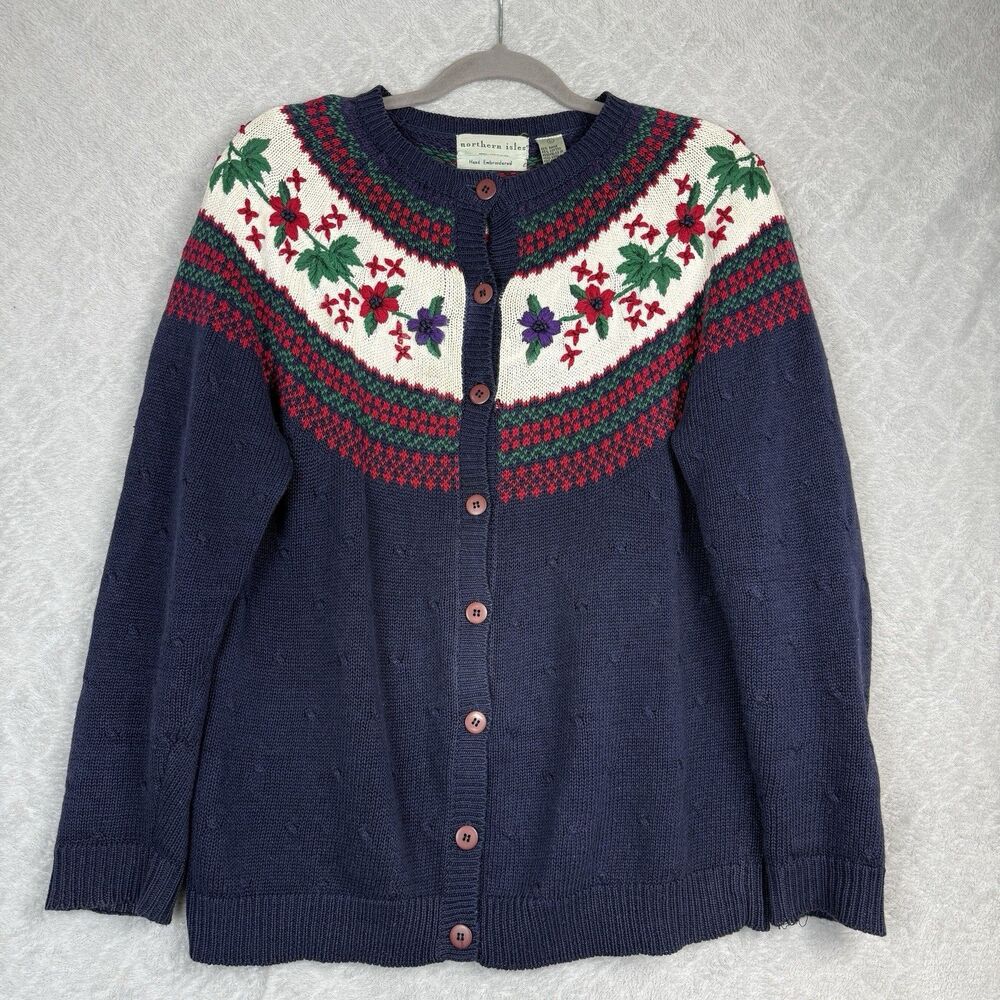 Vtg Northern Isles Hand Embroidered Cardigan Sweater M Fair Isle Cottage Cabin